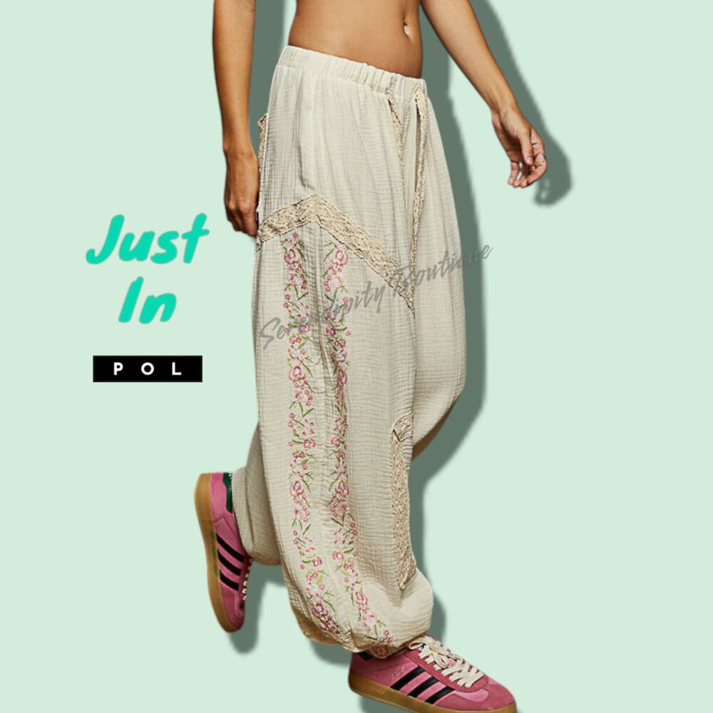 NWOT POL Cream Wide Leg Pants with Pink Embroidery